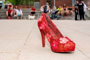 red high heels with glitter and flowers