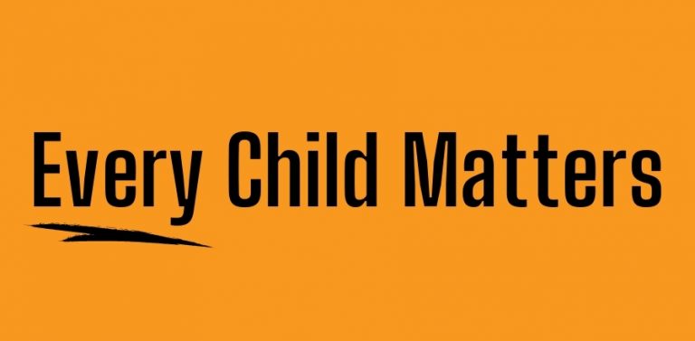 Orange background with text "every child matters."