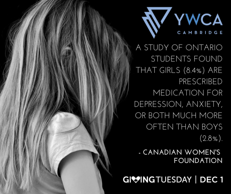 Black and white photo of girl, side view, her hair is down and you can't see her face. Text reads: A Study of Ontario students found that girls (8.4%) are prescribed medication for depression, anxiety or both much more often than boys (2.8%). YWCA Cambridge's prevention programming aims to change that.