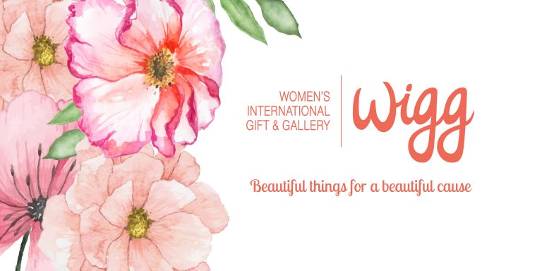 Water colour flowers along left side. Wigg logo to the right and under it, the tagline, "beautiful things for a beautiful cause" Background is white.