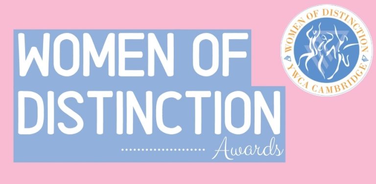 Pink background, blue boxes around white ext that says "Women of Distinction" and on the top right is the WOD logo.