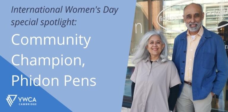 Owners of "Phidon Pens" standing in front of their storefront with text "International Women's Day special spotlight: community champion, Phidon Pens"