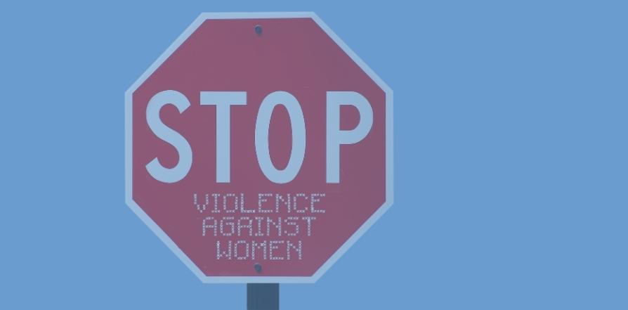 Blue background with a stop sign image. On the stop sign, under "stop" are the words "violence against women"