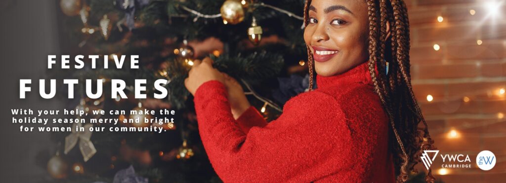 Festive Futures header. Photo of woman in red decorating a Christmas tree