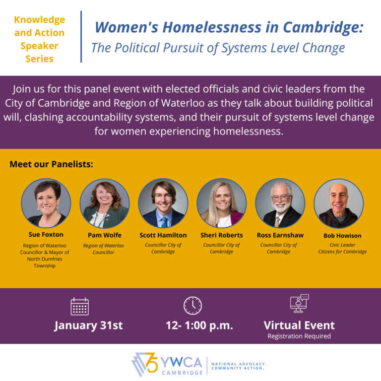 image says Women's Homelessness in Cambridge, showing the profile image of 7 people. The date is January 31, 12-1, virtual event with registration required