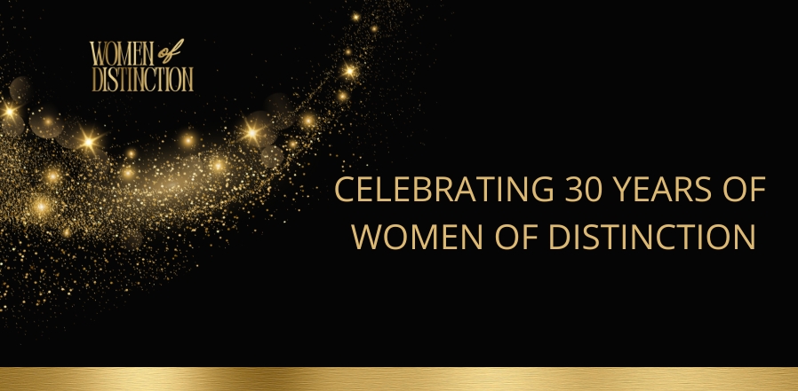 Black background, gold glitter. Text: Celebrating 20 years of women of distinction