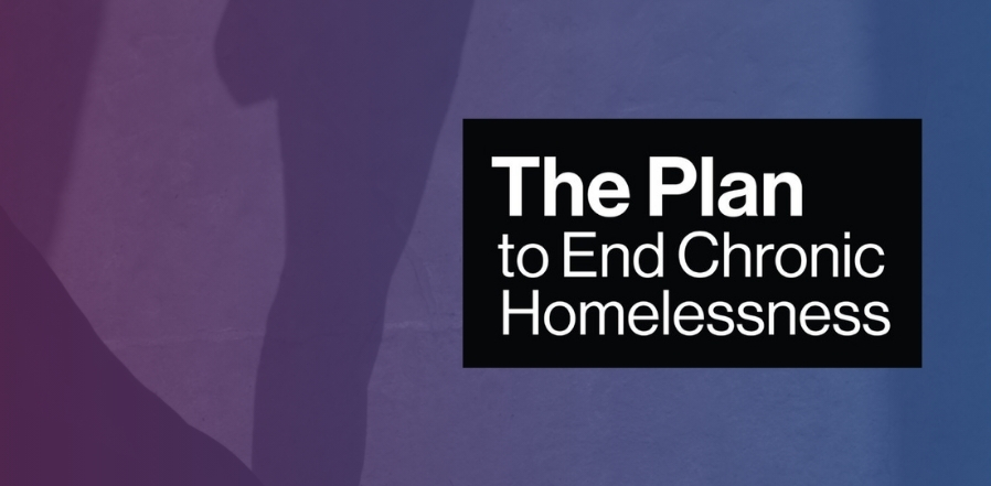 Purple and blue ombre background. Logo of The Plan To End Chronic Homelessness which is white text on a black background, at the centre of the image