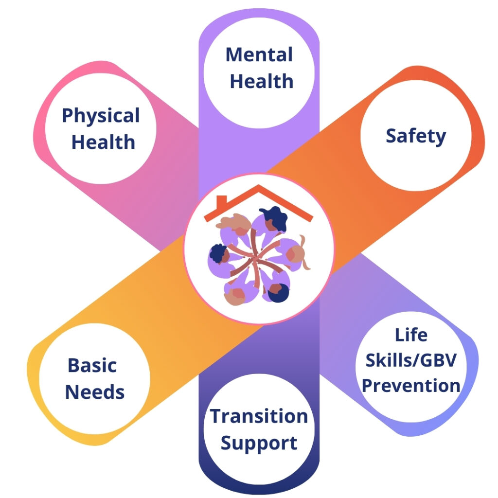 A visual of our shelter model. At the centre is an illustration of a group of women. Prongs come out and each has a bubble with text at the end: mental health, safety, life skills/GBV prevention, transition support, basic needs, physical health