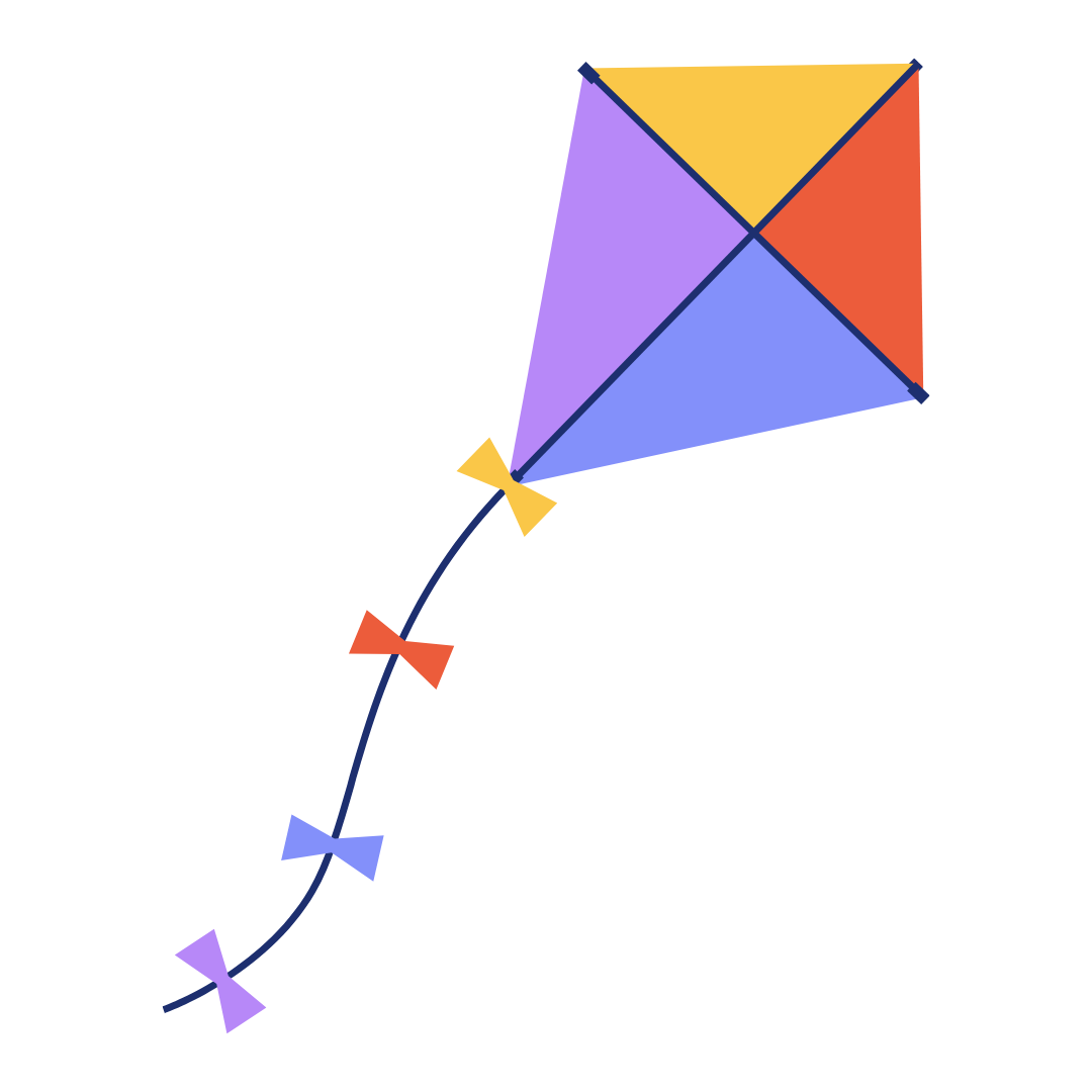 Illustration of a kite with little bows on its tail. It's orange, yellow, purple and blue