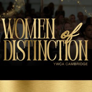 "Women of Distinction" in gold lettering over a black background.
