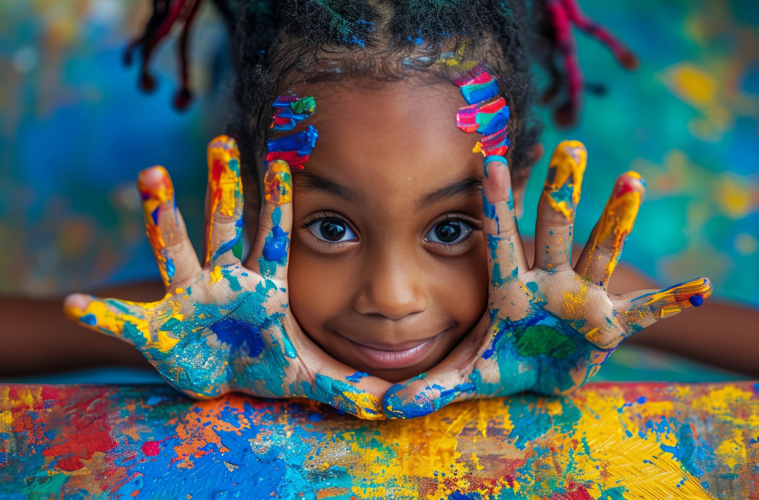 A young girl surrounded by paint splatters shows her hands which are also covered in paint