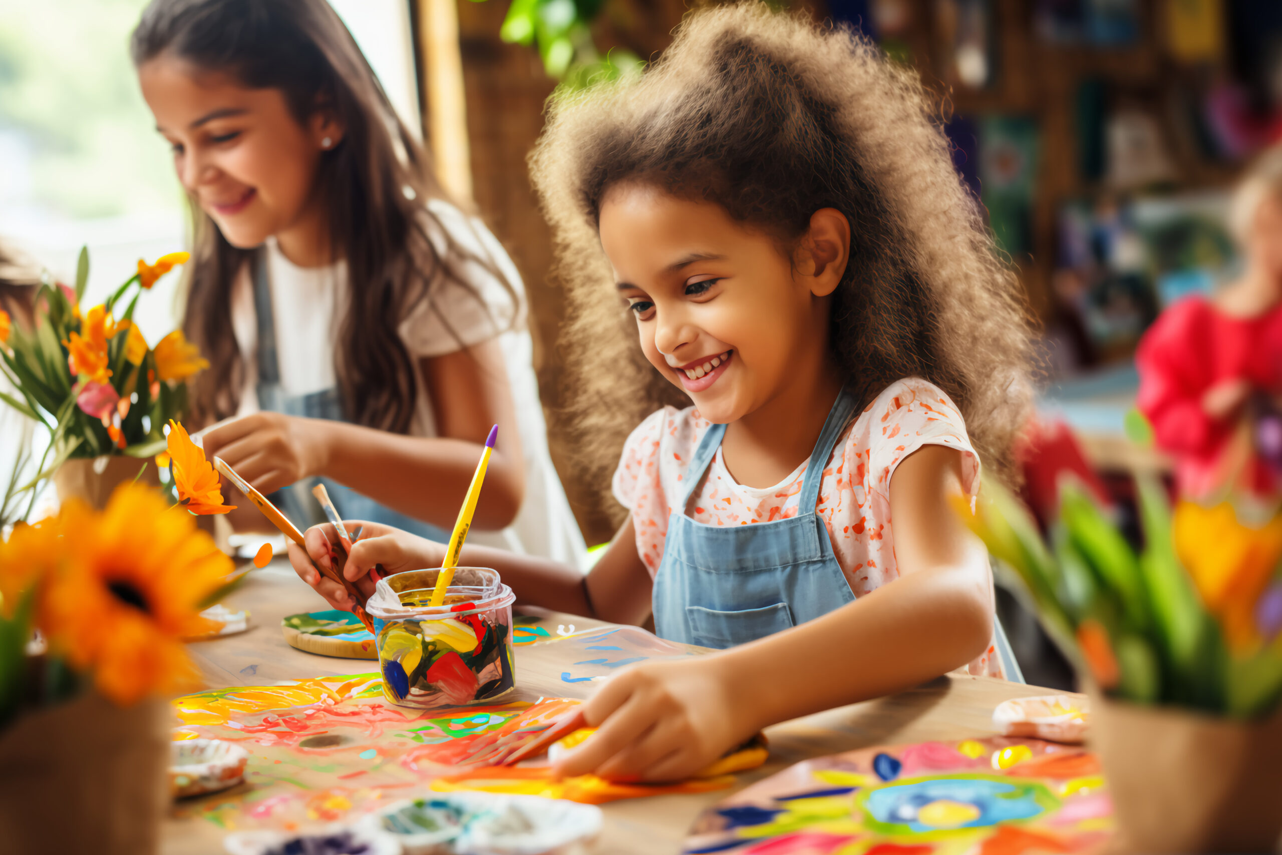 Image of two young girls doing crafts among a lot of art supplies!