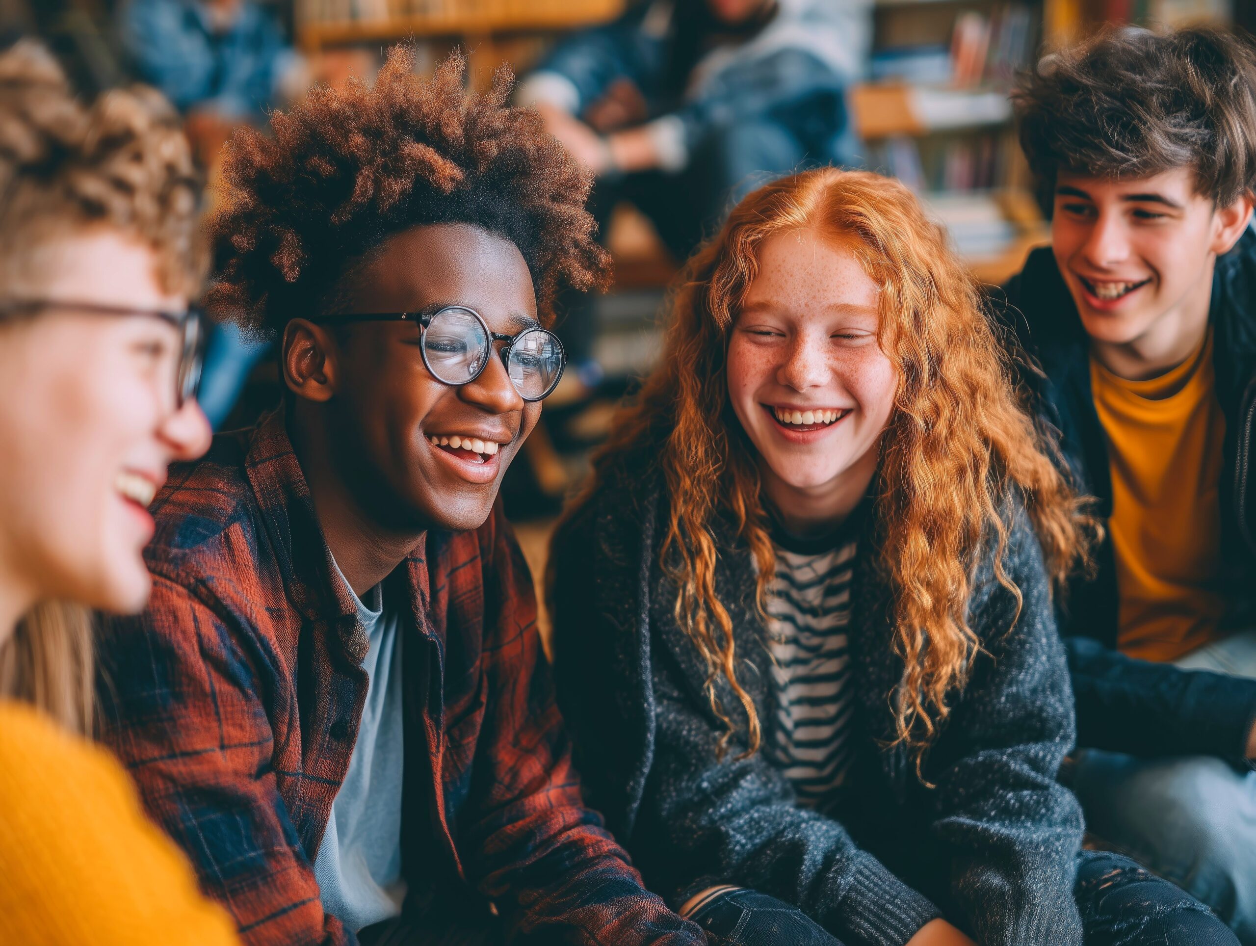 A group of four older youth, close up, sitting side-by-side and all smiling or laughing
