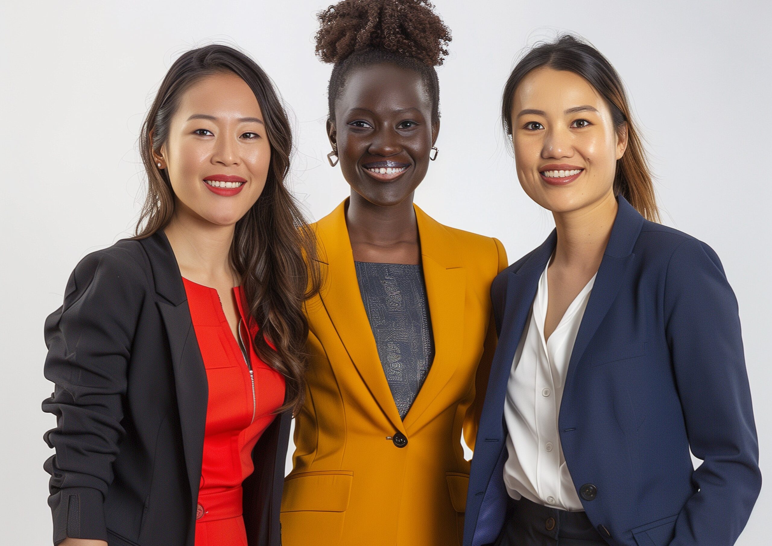 Three women in business attire stand together standing