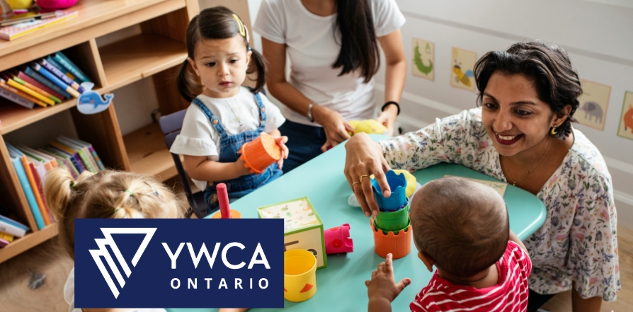 Close-up of the Ontario legislature with the YWCA Ontario logo bottom left