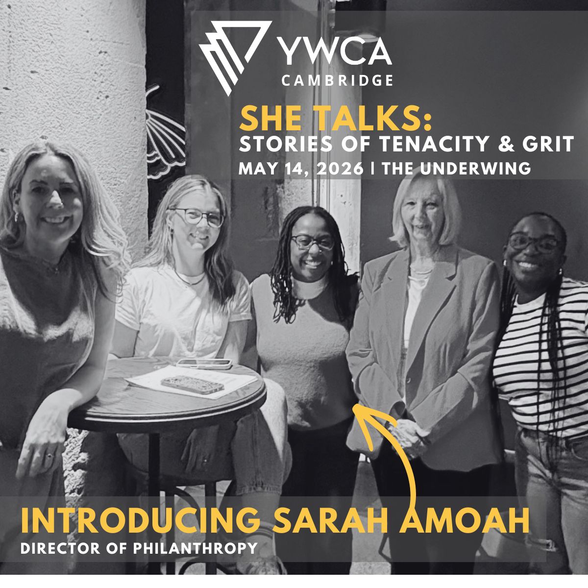 A black and white photo of YWCA Cambridge staff, including blog writer and new Director of Philanthropy, Sarah Amoah. Text: Introducing Sarah Amoah